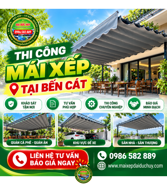 Thi Công Mái Xếp Di Động Tại Bến Cát: Khảo Sát Và Báo Giá | Đại Đức Huy